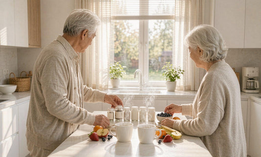 A silver-haired couple seen from behind arranging supplement jars and fresh fruit in a bright morning kitchen