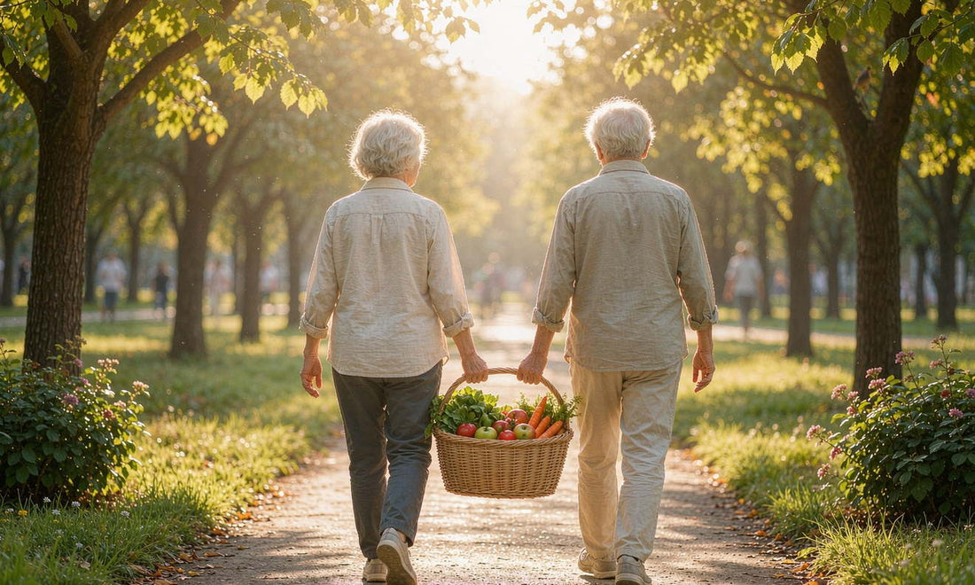 Two seniors seen from behind walking a sunny park path carrying a market basket of fresh produce