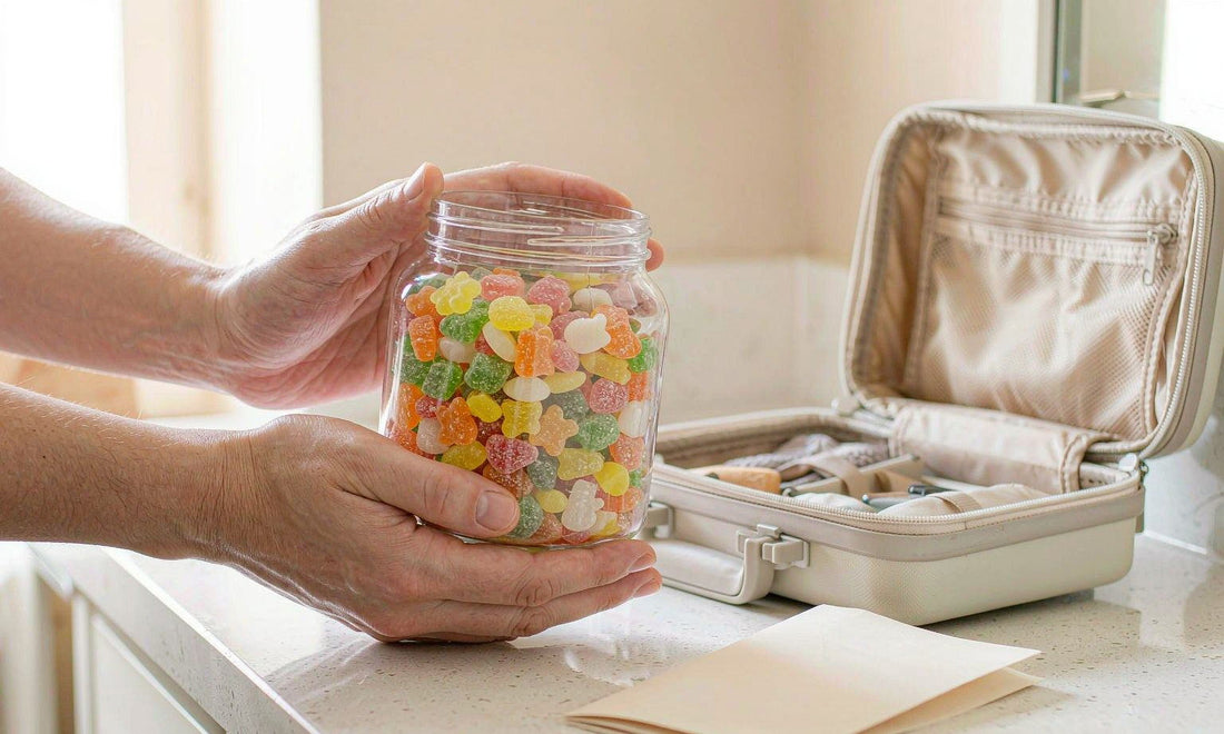 A parent's hands holding a clear jar of colorful countable gummies beside a small open suitcase on a counter