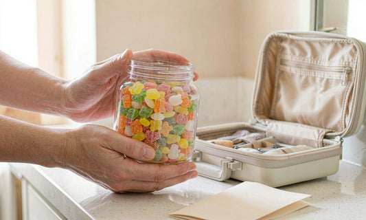 A parent's hands holding a clear jar of colorful countable gummies beside a small open suitcase on a counter
