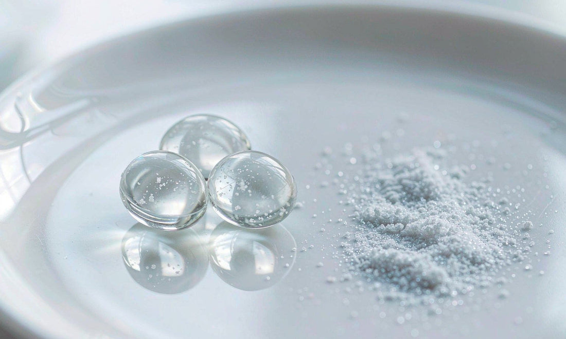 Macro of soft gel capsules and fine powder on an off-white ceramic dish in daylight