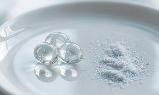 Macro of soft gel capsules and fine powder on an off-white ceramic dish in daylight