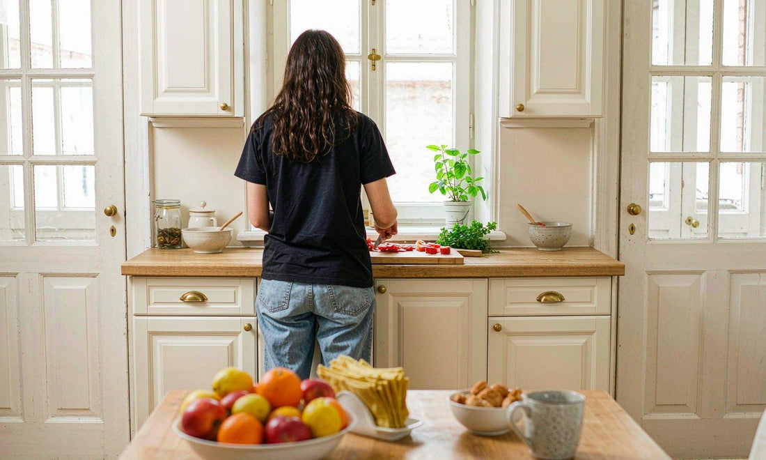 Person seen from behind chopping colorful vegetables on a kitchen counter with a fruit bowl in the foreground