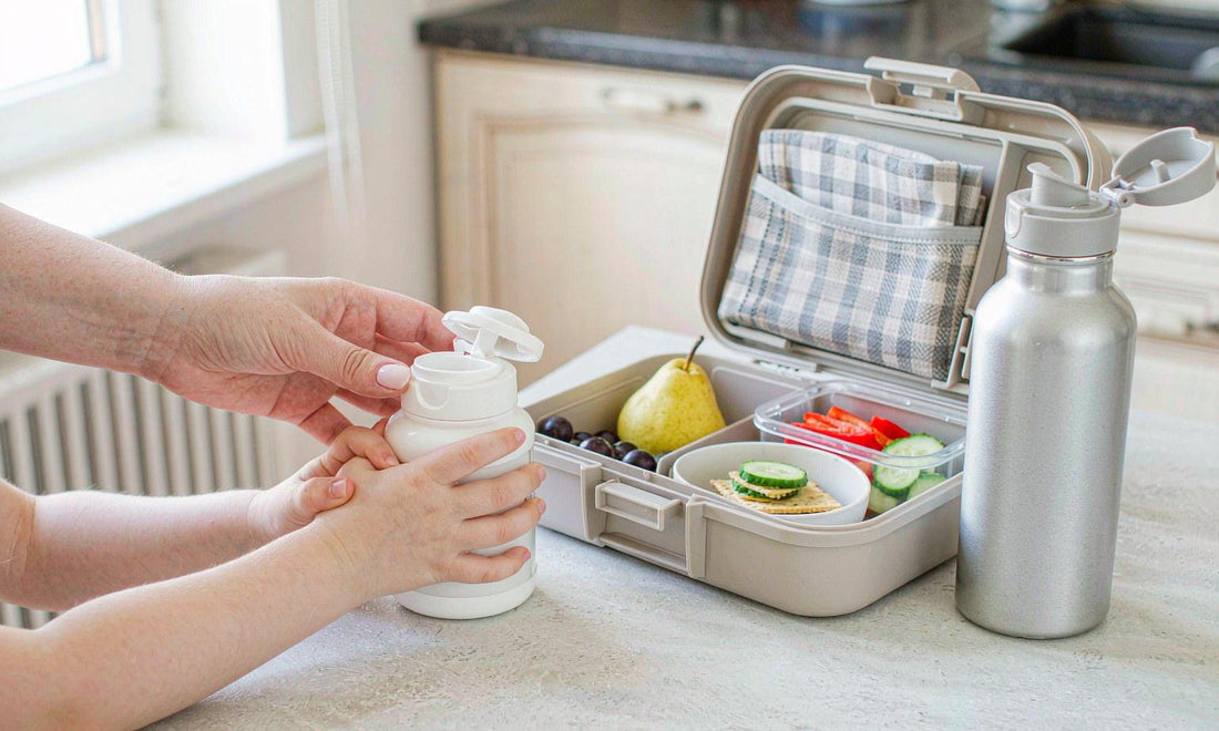A child's hands and an adult hand reach for a white gummy jar beside a packed school lunchbox and bottle