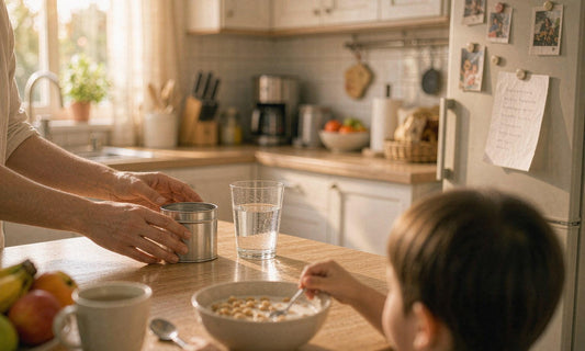 Hands placing a small tin and a glass of water on a sunlit kitchen counter beside a fridge note