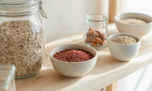 Macro of a light pantry shelf with jars of oats, red lentils, almonds and brown rice