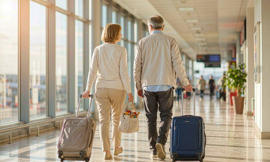 A senior couple seen from behind pulling suitcases through a sunlit airport corridor with a snack pouch