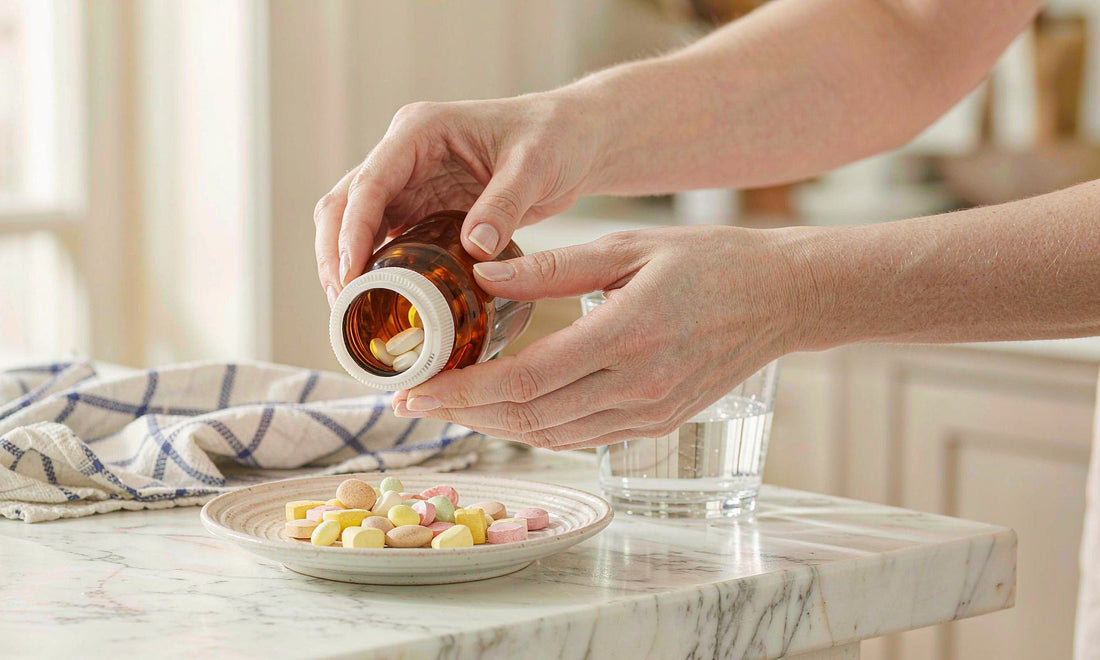 Hands pouring lysine gummies from an amber bottle onto a plate in a bright kitchen