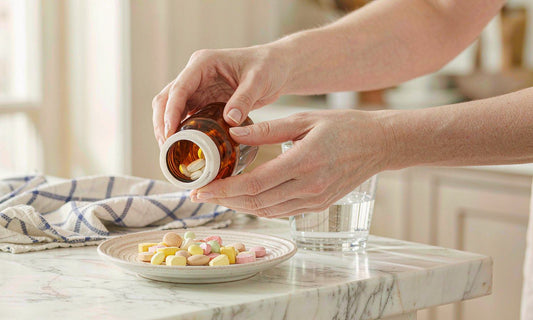 Hands pouring lysine gummies from an amber bottle onto a plate in a bright kitchen