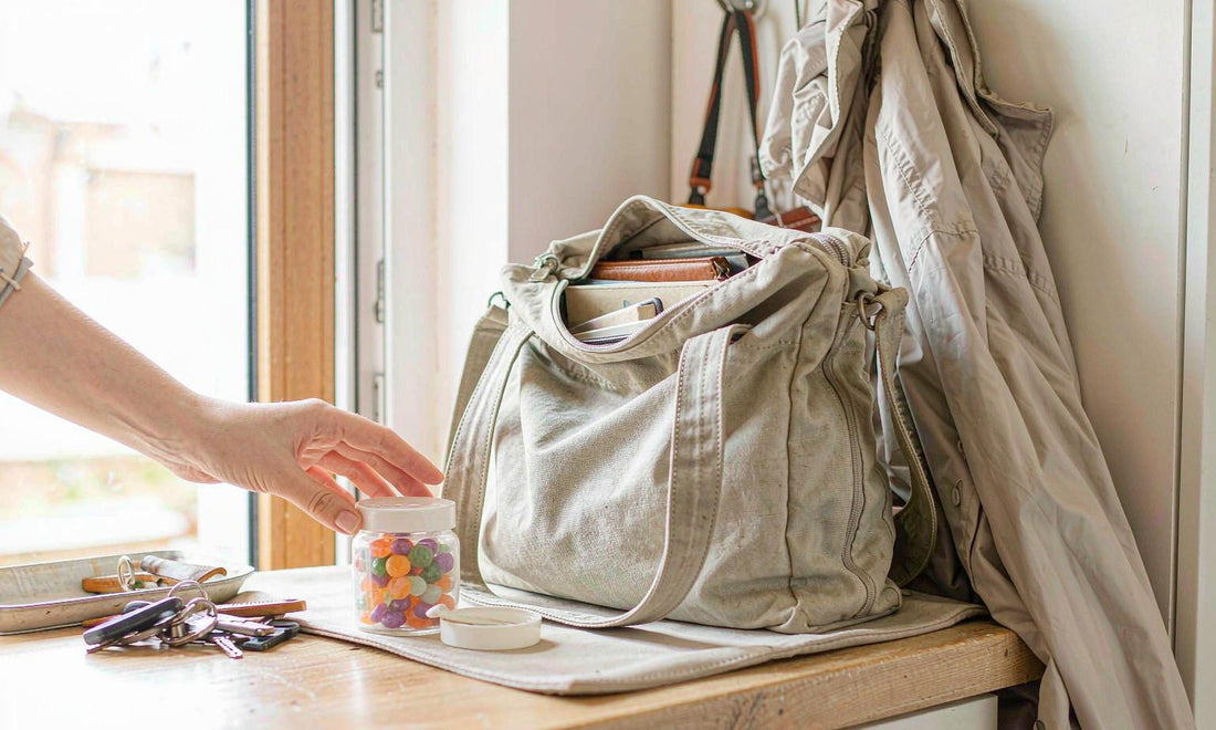 A hand reaching for a small gummy jar beside a canvas commuter bag and house keys on an entryway table