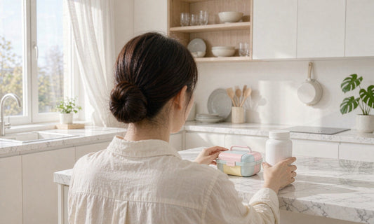 Parent seen from behind packing a pastel lunchbox beside a white supplement jar on a bright marble counter