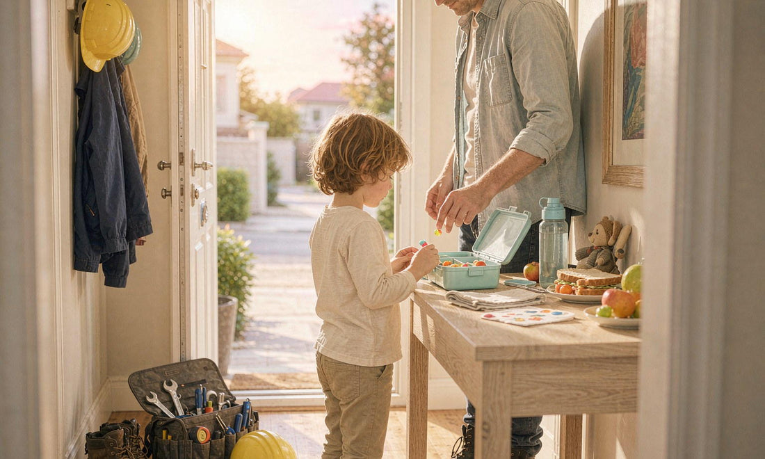 Parent silhouette at dawn placing a gummy into a child's lunchbox beside work boots and a tool bag