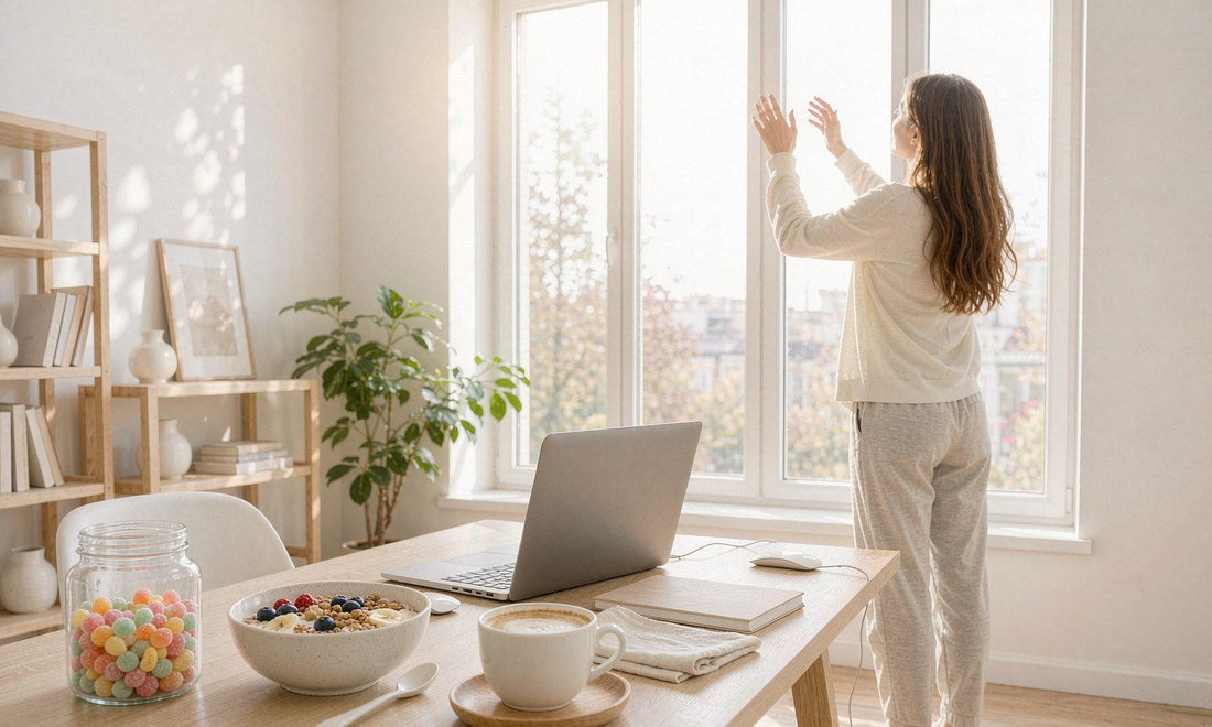 Back view of a desk worker stretching by a bright window with breakfast and a gummy jar on the desk