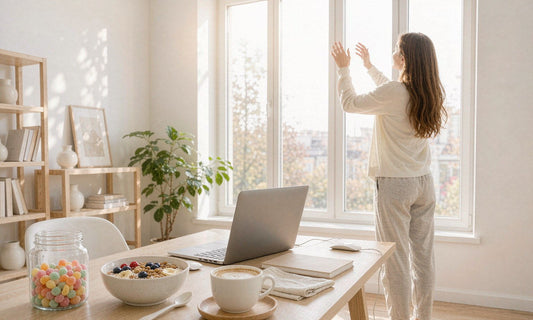 Back view of a desk worker stretching by a bright window with breakfast and a gummy jar on the desk