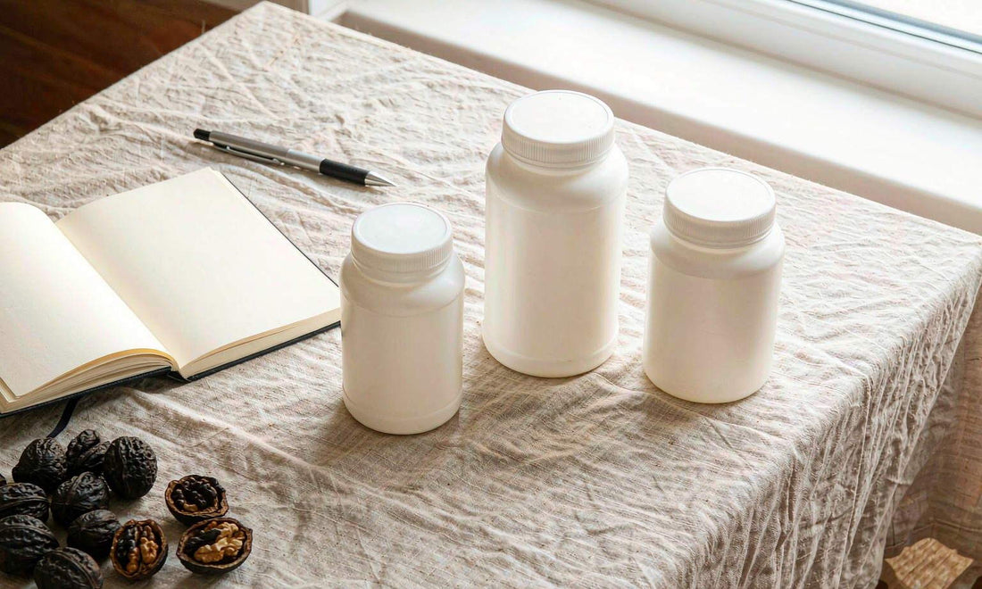 Three plain white supplement jars in a row on pale linen beside an open notebook, pen, and black walnuts