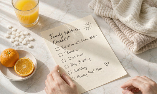 Bright airy kitchen flat-lay with a family wellness checklist, citrus, and vitamin C.