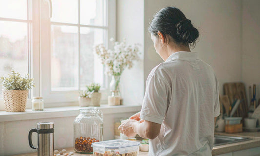 Back view of a shift worker at a sunlit kitchen counter reaching for a gummy jar beside a packed lunchbox