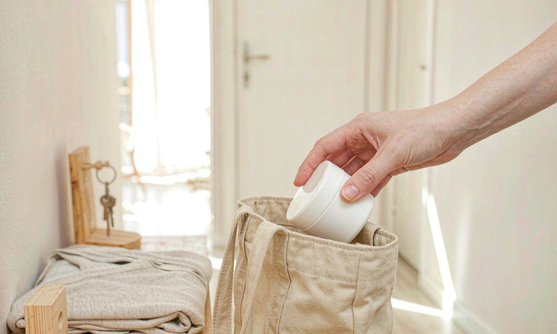 A hand placing a plain white jar into a canvas tote bag on a bright hallway bench in morning light