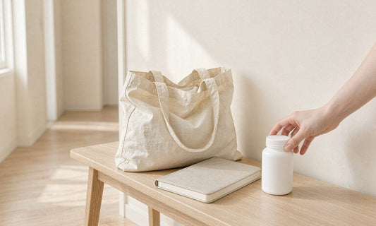 A hand reaching for a white supplement jar beside a canvas tote and planner on a hallway bench