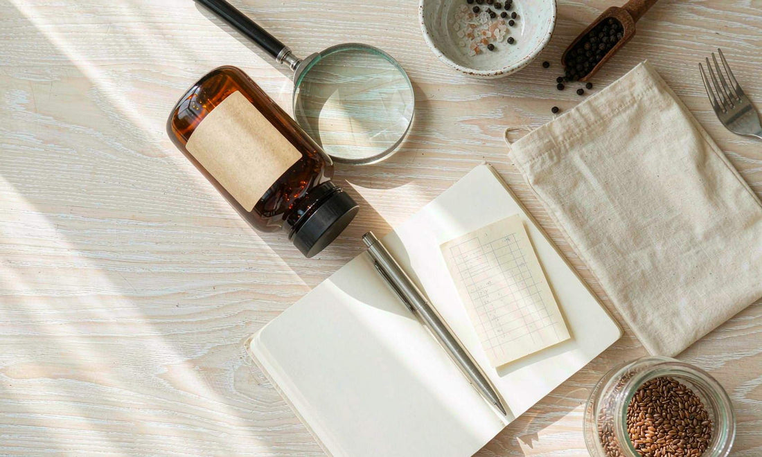 Overhead flat lay of a supplement bottle with its label panel up, a magnifier, a notebook and a list