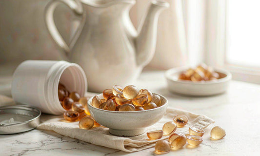 Golden gummies in a ceramic bowl beside a white jar on a pale marble counter in morning light
