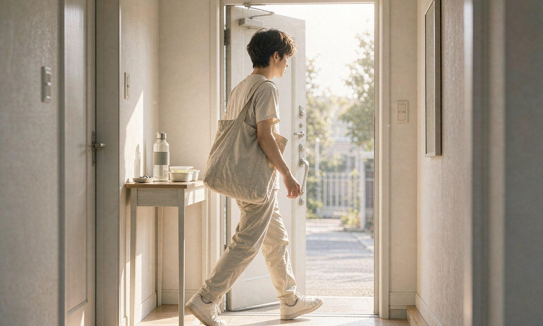 A young adult seen from behind in a bright hallway doorway with a canvas tote and a water bottle