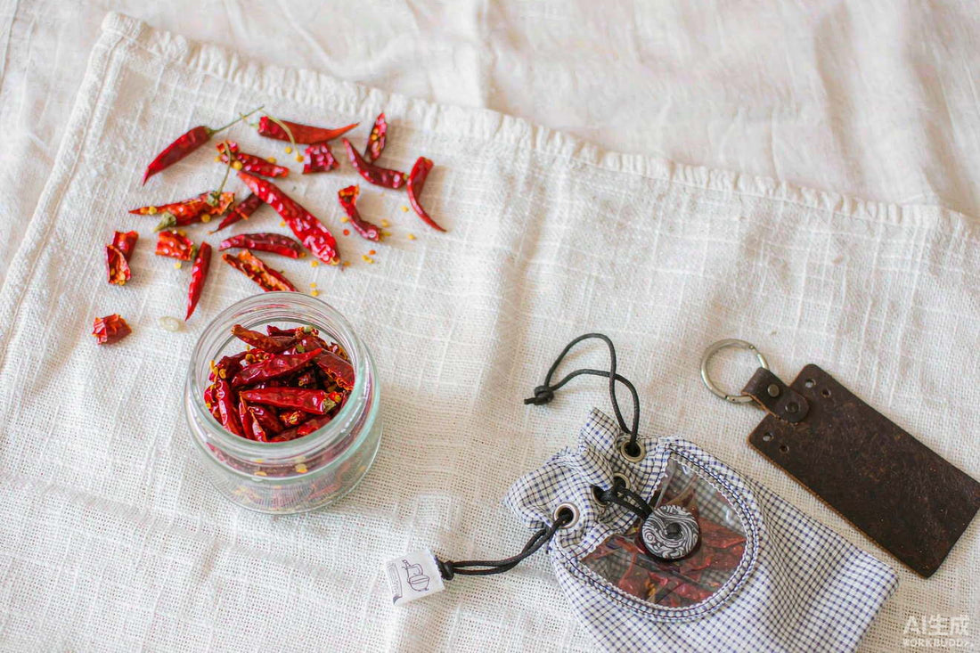 Ingredient flat lay of dried red cayenne peppers and a small glass jar on white linen with a canvas travel pouch