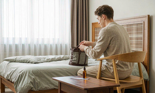 A man seen from behind zipping a canvas wash bag in a bright hotel room beside an amber dropper bottle