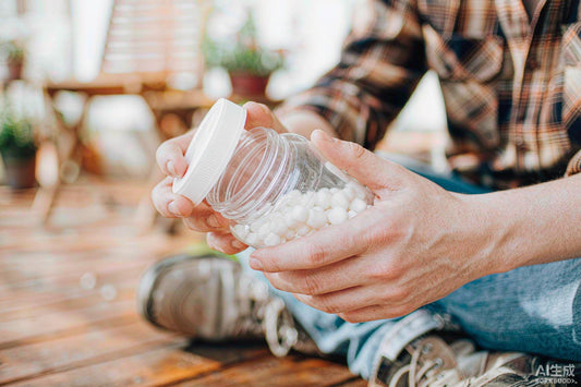 A worker's hands opening a white gummy jar on a wooden porch table with flannel and work boots blurred behind