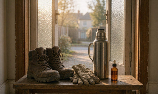 Work boots, gloves, a steel thermos and a dropper bottle lined up on a wooden bench in warm morning light