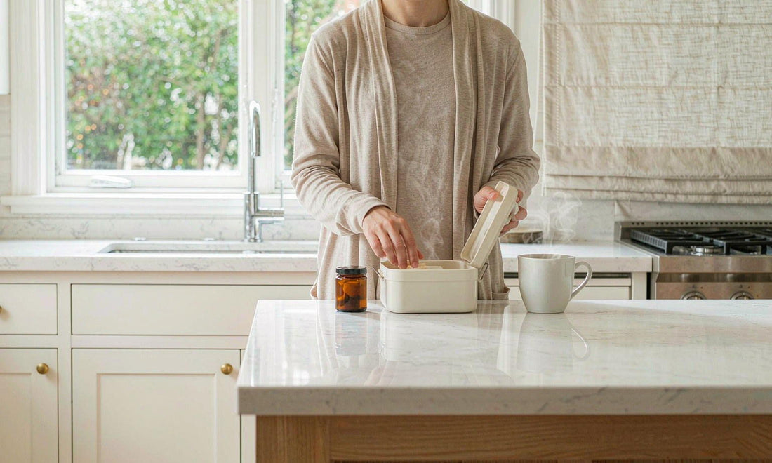 Adult packing a school lunchbox at dawn beside a supplement jar and coffee in a bright kitchen