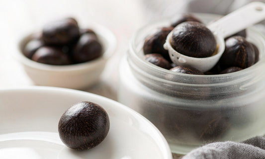 Macro close-up of a dark velvet bean seed on a white dish beside a frosted supplement jar