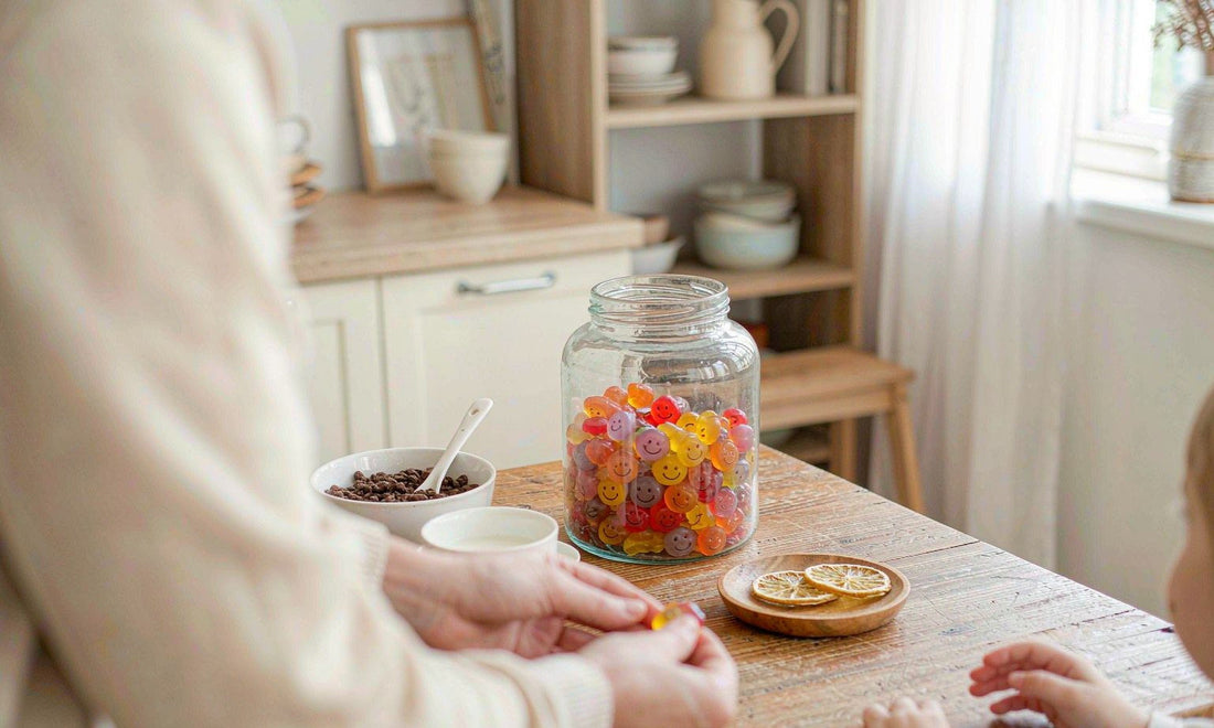 An adult seen from behind hands a vitamin gummy to a child across a sunlit family breakfast table