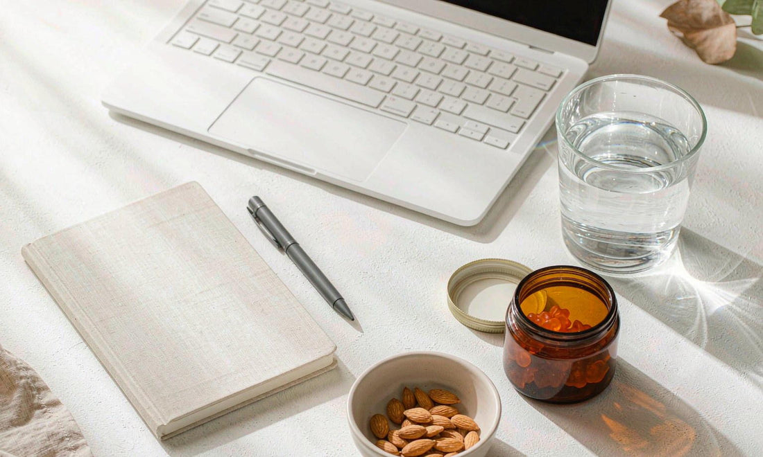 Bright desk flat-lay with a notebook, water glass, almonds and an amber jar of gummies beside a laptop