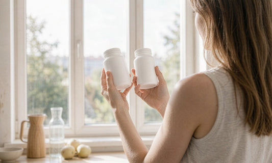 A person seen from behind comparing two white supplement jars at a sunny kitchen window