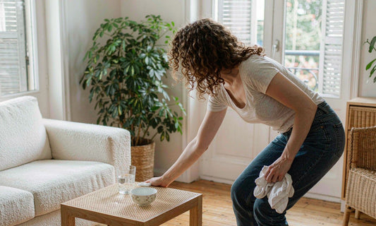 Bright airy living room, a mom arranging a calm morning routine, plants in background.