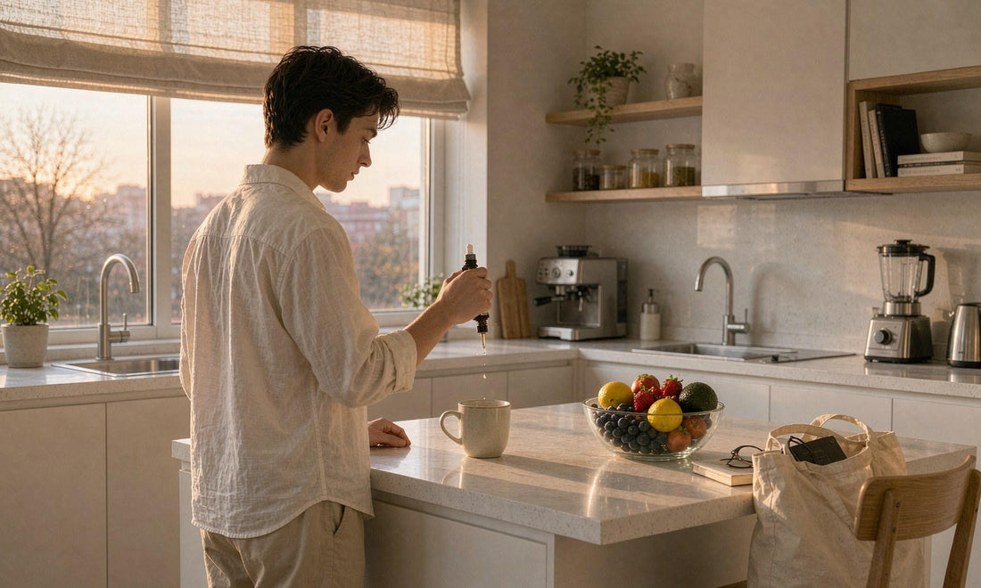 A person seen from behind at a bright kitchen counter holding a dropper bottle beside a packed bag