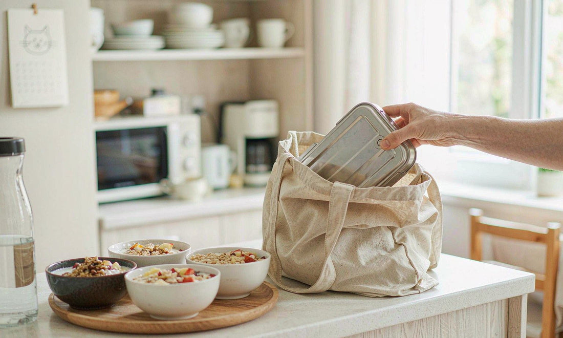 A lunchbox and water bottle going into a canvas tote on a sunlit kitchen counter with breakfast bowls