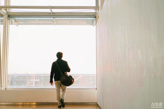 Back view of a traveler with a duffel bag at a bright airport window at golden dawn, calm light-filled terminal