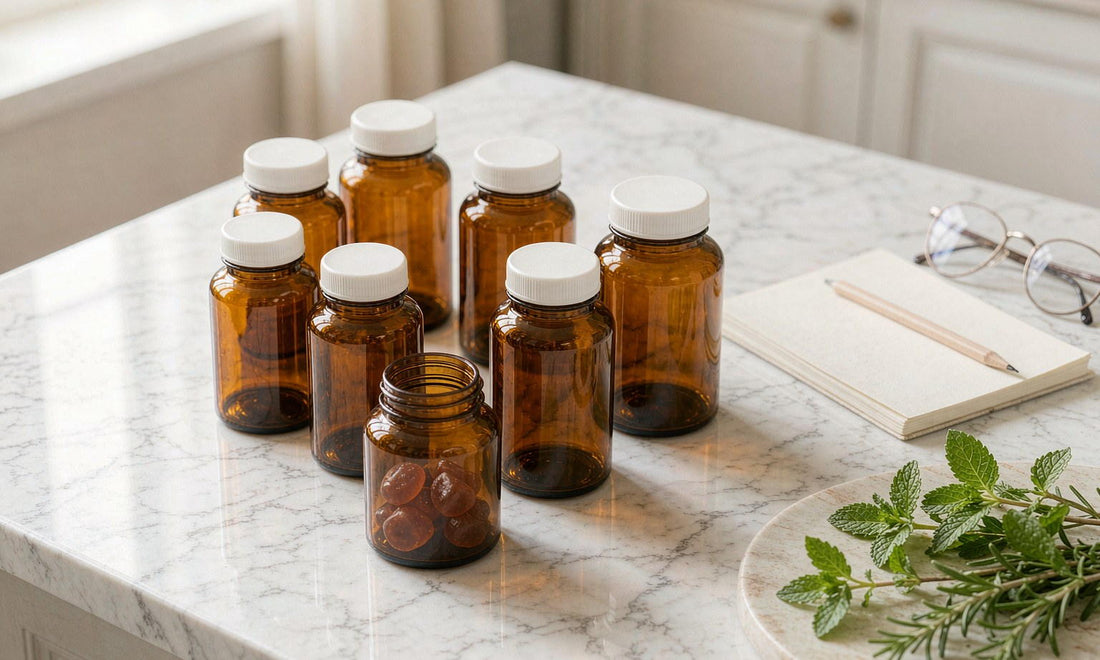 Unmarked amber supplement jars side by side on a bright marble counter with a notebook, pencil and glasses