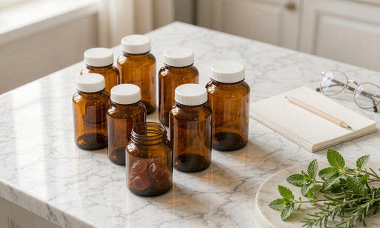Unmarked amber supplement jars side by side on a bright marble counter with a notebook, pencil and glasses