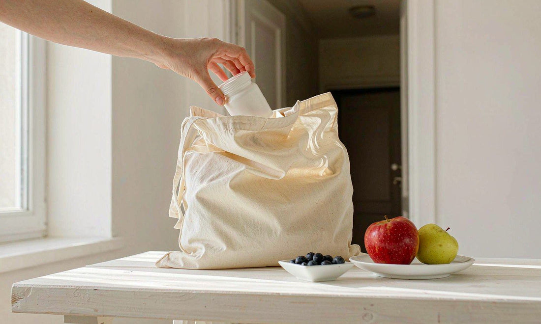 A hand slipping a white supplement jar into a canvas tote bag beside fresh apples on a bright table
