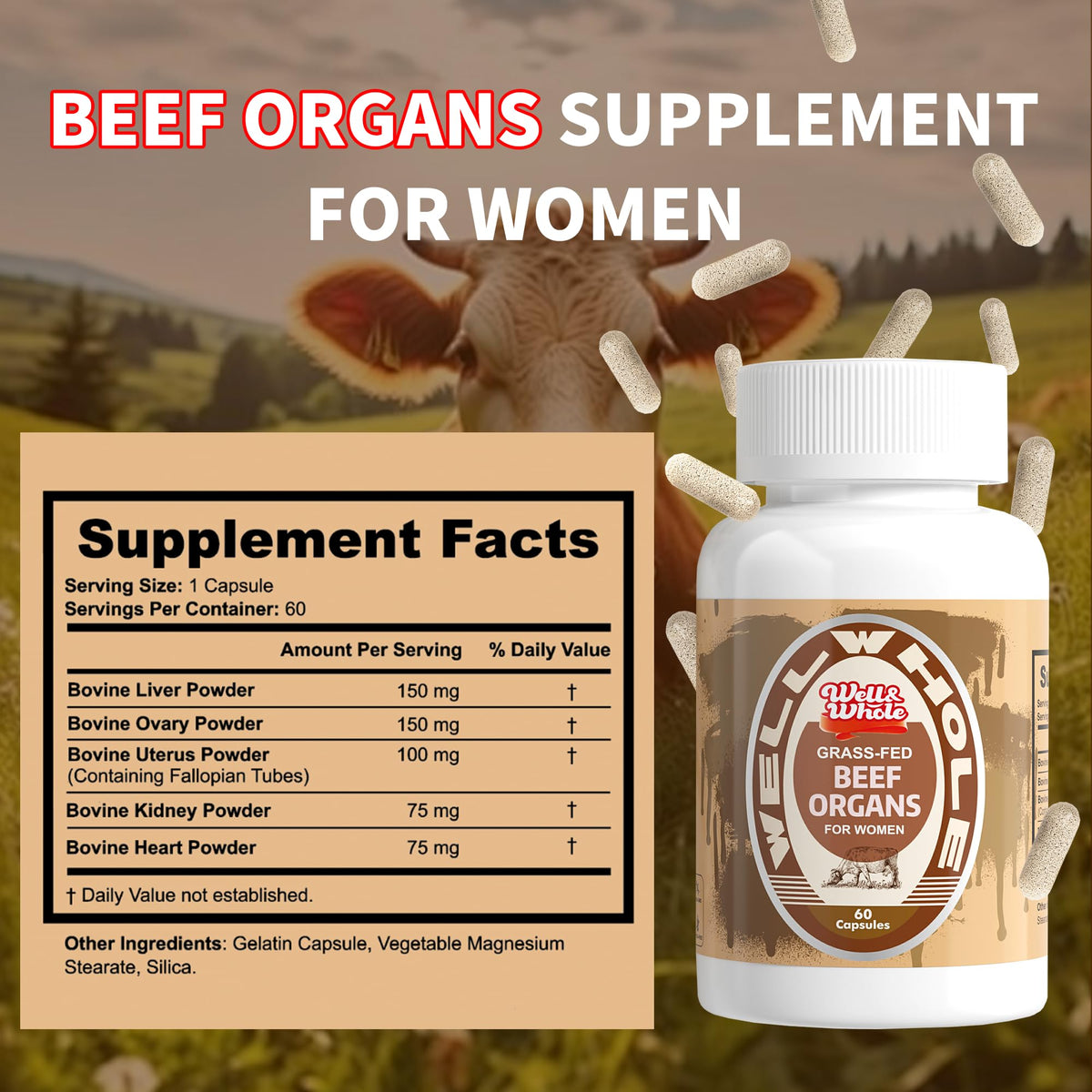 Beef organ capsules supplement facts label for grown-ups
