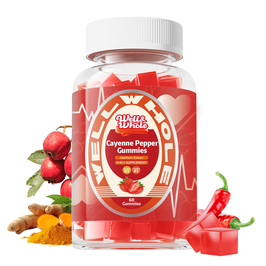 WellWholeDaily cayenne pepper heart gummies pouch on a family kitchen table