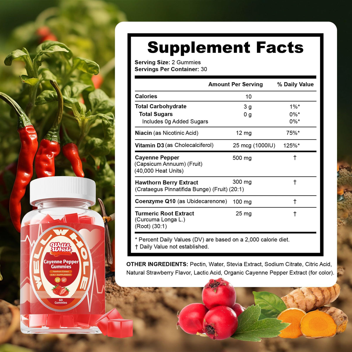 Cayenne heart health gummies supplement facts panel on a kitchen shelf