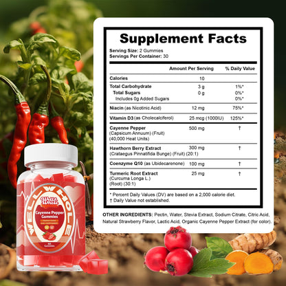 Cayenne heart health gummies supplement facts panel on a kitchen shelf