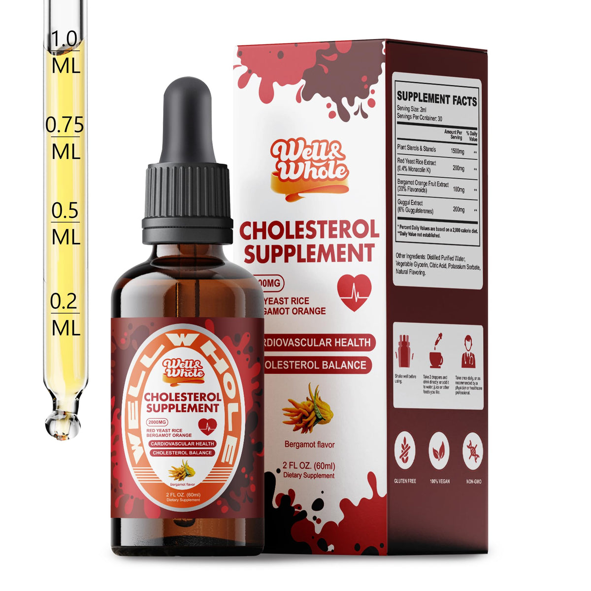Cholesterol support liquid drops bottle with plant sterols on a kitchen counter