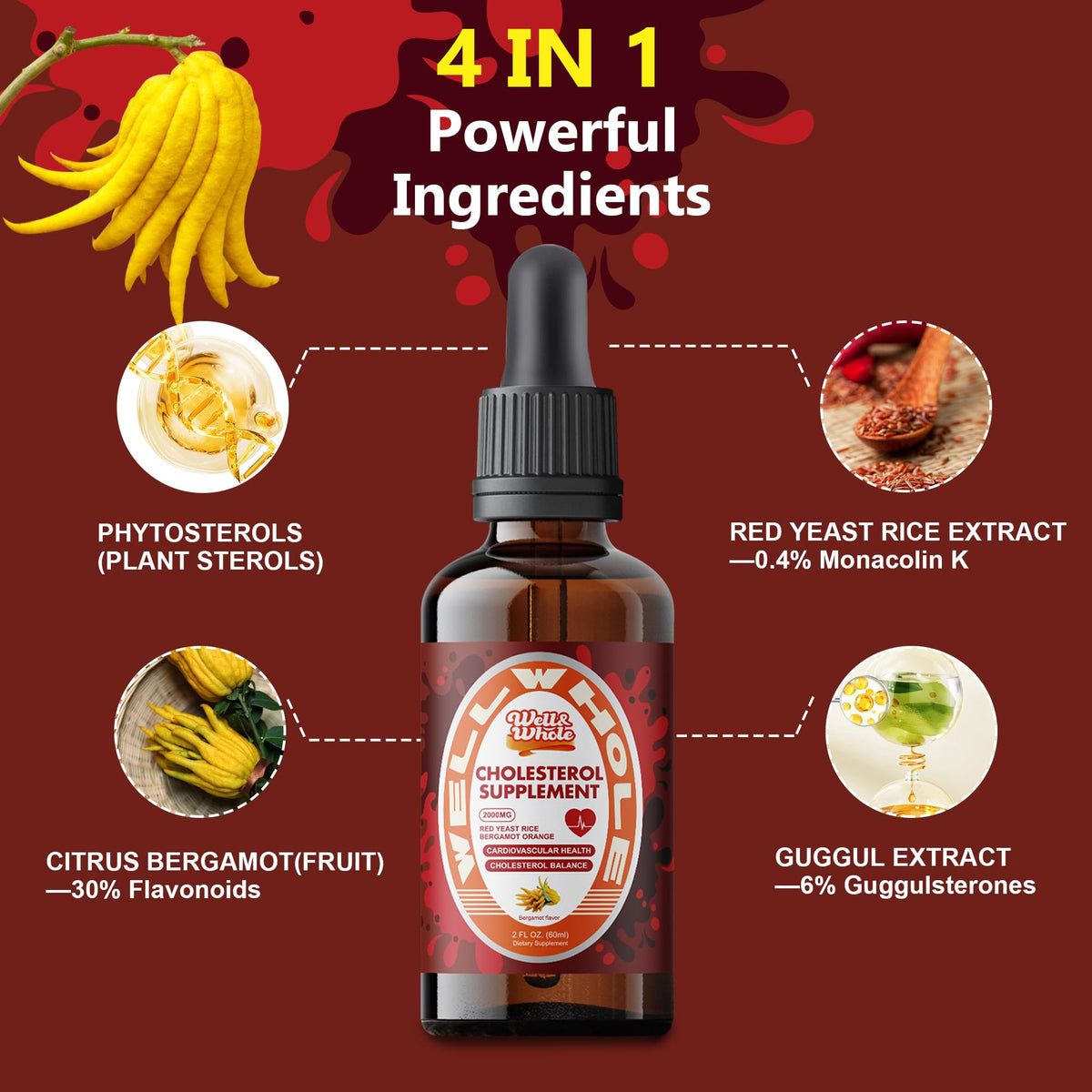 Red yeast rice and plant sterol drops dropper beside a family serving board