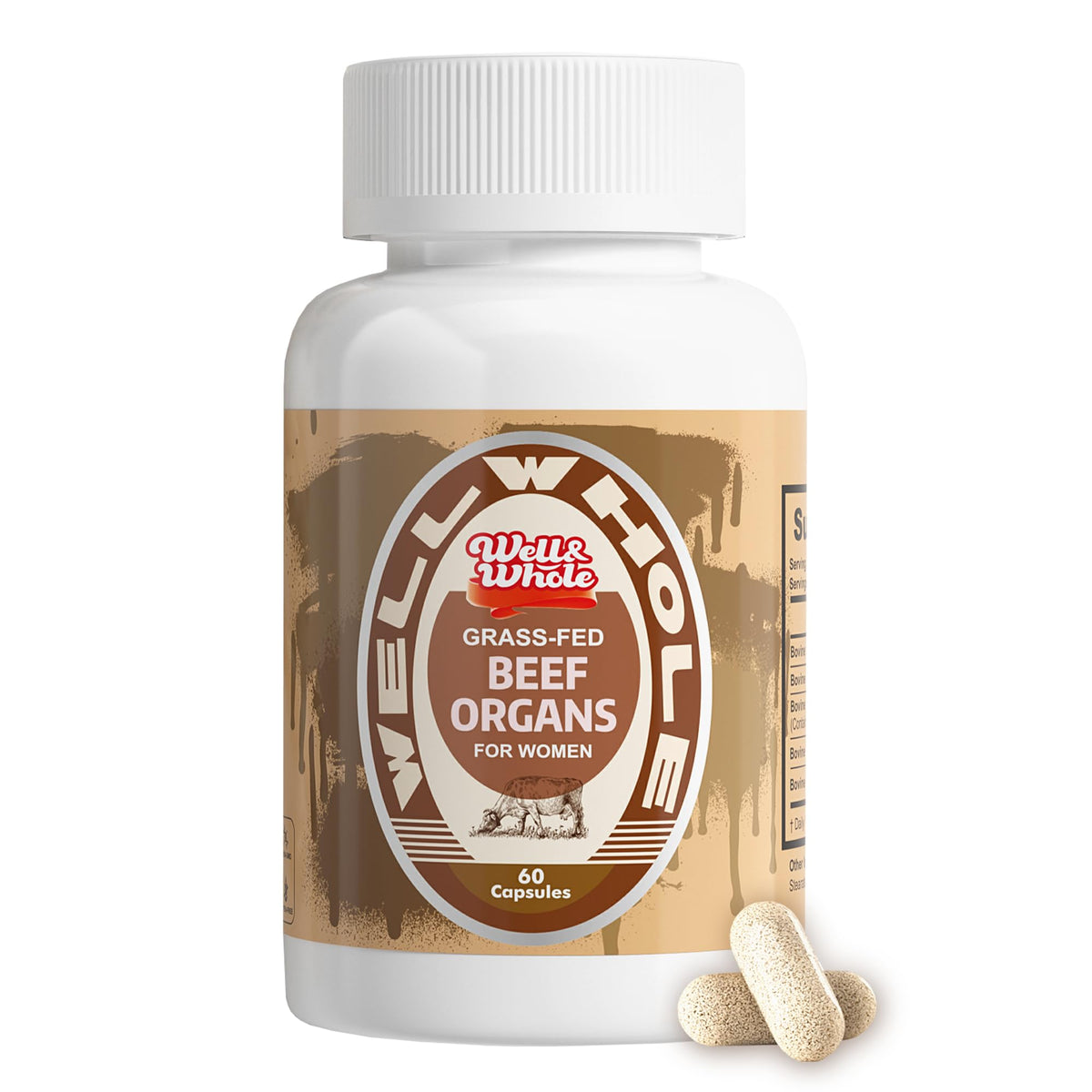 Grass-fed beef organ capsules bottle on a family kitchen table