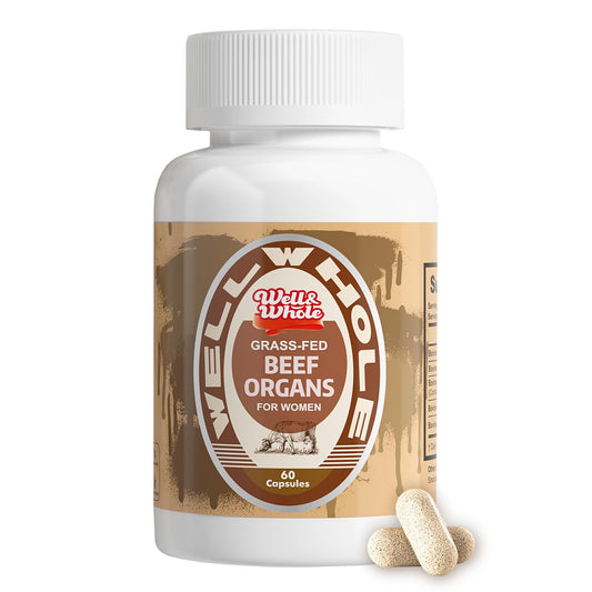 Grass-fed beef organ capsules bottle on a family kitchen table
